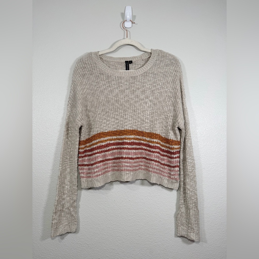 moon & madison Sweater Cream Crochet Bohemian Short Stripe Pink Orange Women S